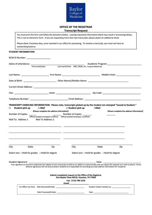 Fillable Transcript Request Form - Baylor College Of Medecine Printable pdf