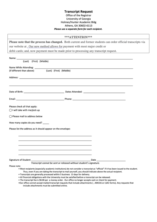 Transcript Request Form - University Of Georgia Printable pdf