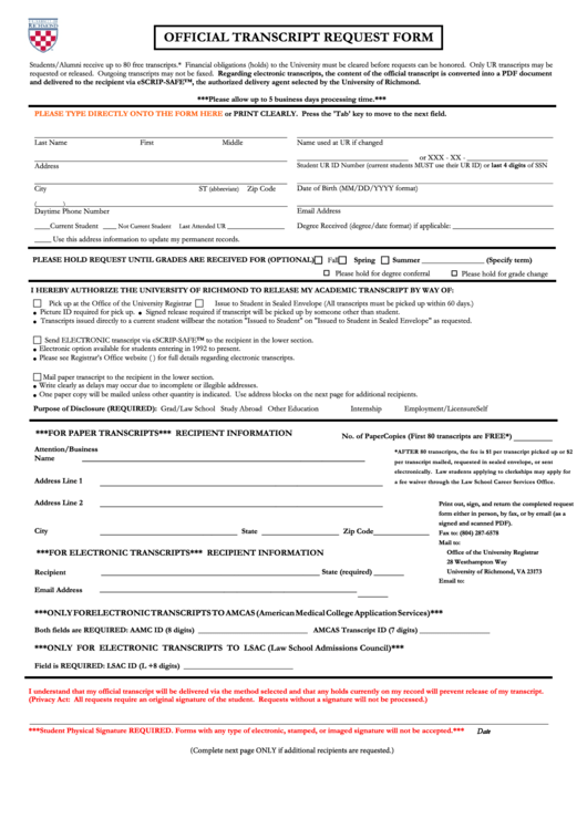 Fillable Transcript Request Form - University Of Richmond Printable pdf