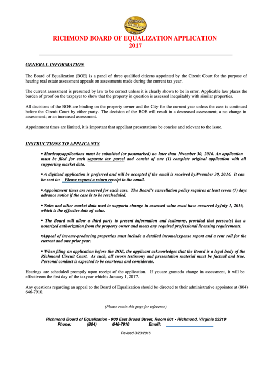 Richmond Board Of Equalization Application Form