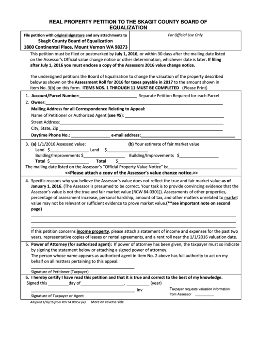 Real Property Petition Form - The Skagit County Board Of Equalization Printable pdf