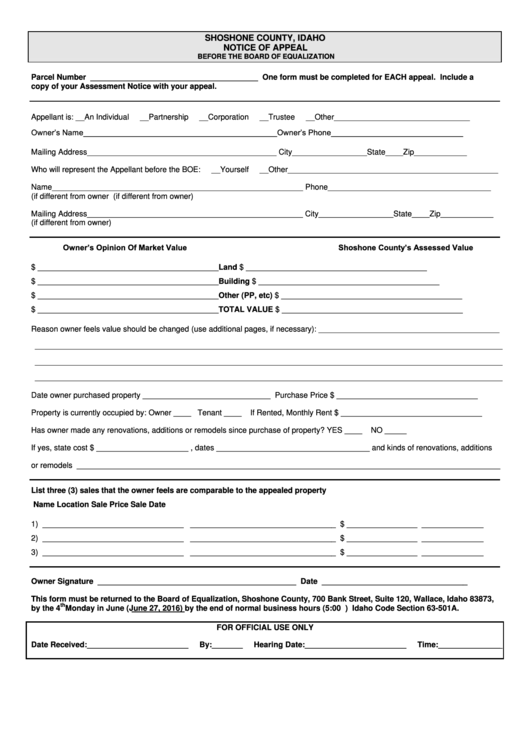Notice Of Appeal Form - Shoshone County, Idaho - The Board Of Equalization Printable pdf