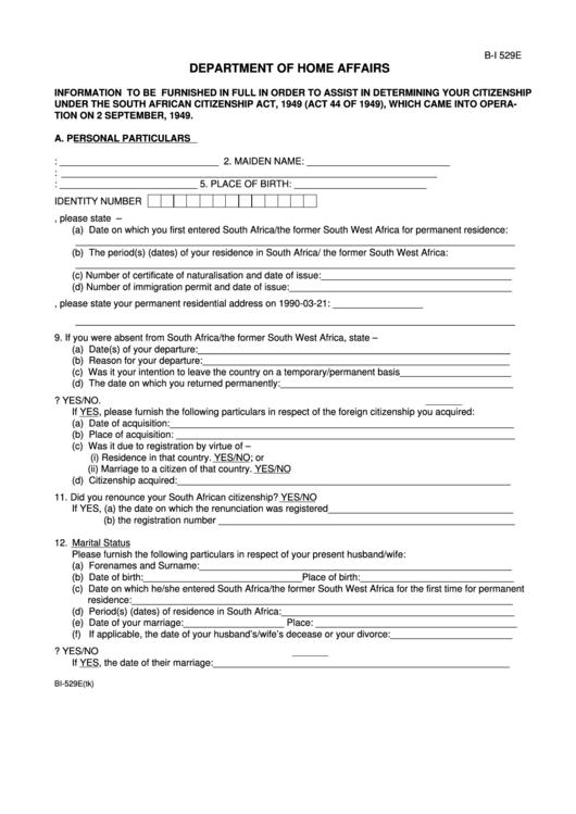 Form Bi 529e - Citizenship Verification Form - Department Of Home Affairs - South Africa Printable pdf