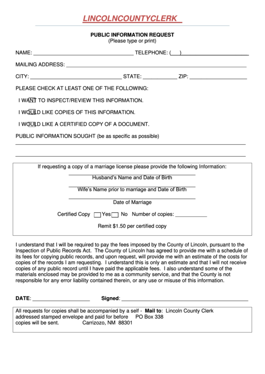 Public Information Request Form - Lincoln County Clerk Printable pdf