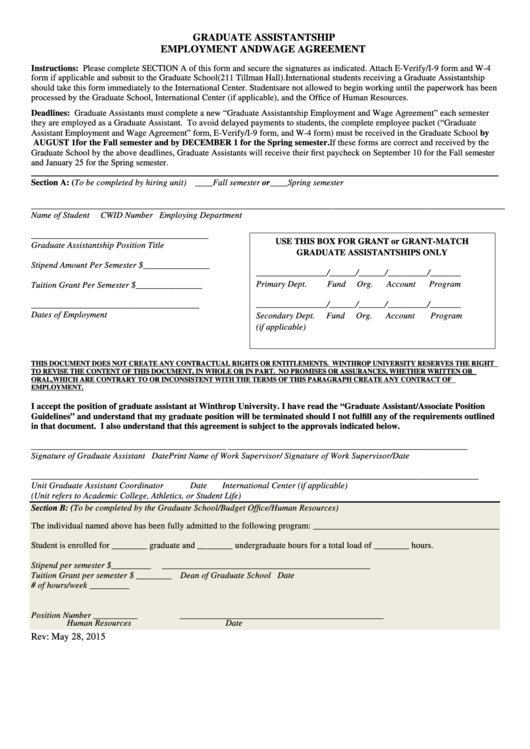 Graduate Assistantship Employment And Wage Agreement Form Printable pdf