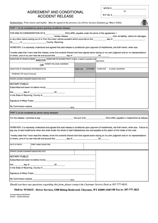 Agreement And Conditional Accident Release Form - Wyoming