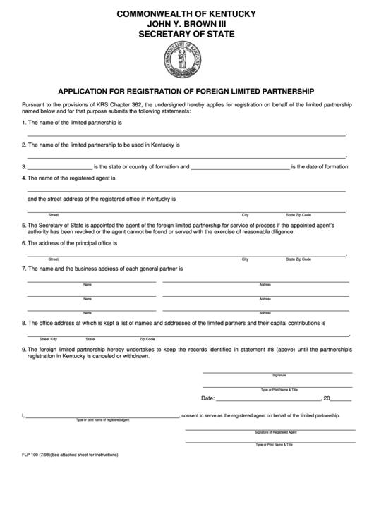 Application For Registration Of Foreign Limited Partnership Form Printable pdf