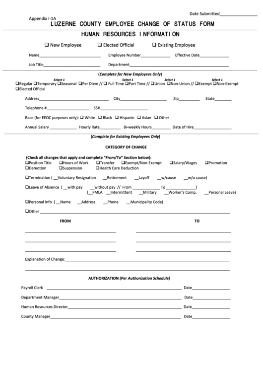 Fillable Luzerne County Employee Change Of Status Form Printable pdf