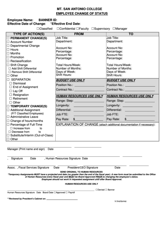 Fillable Mt. San Antonio College Employee Change Of Status Form Printable pdf