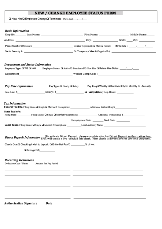 New / Change Employee Status Form Printable pdf