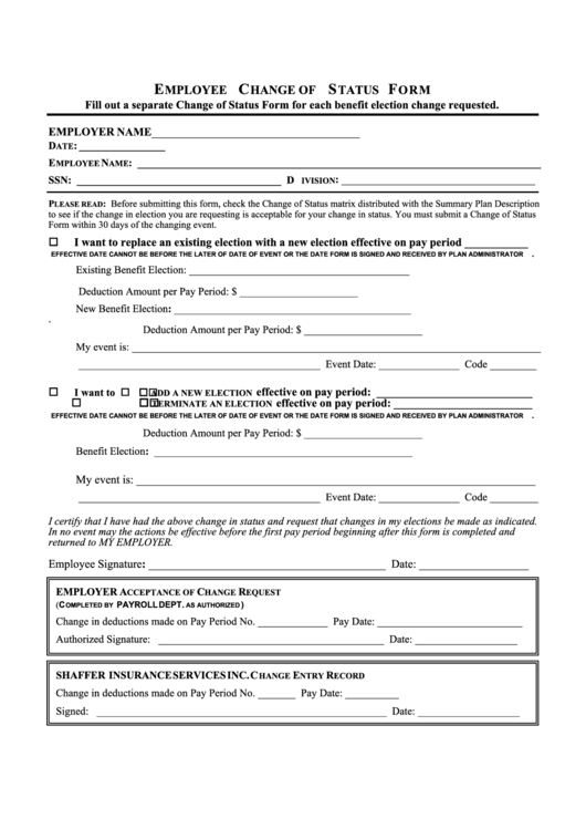 Employee Change Of Status Form Printable pdf