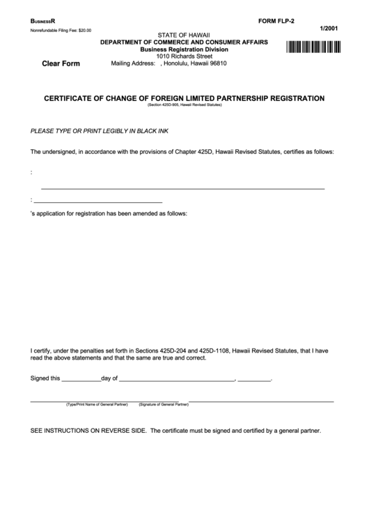 Fillable Form Flp-2 - Certificate Of Change Of Foreign Limited Partnership Registration Printable pdf