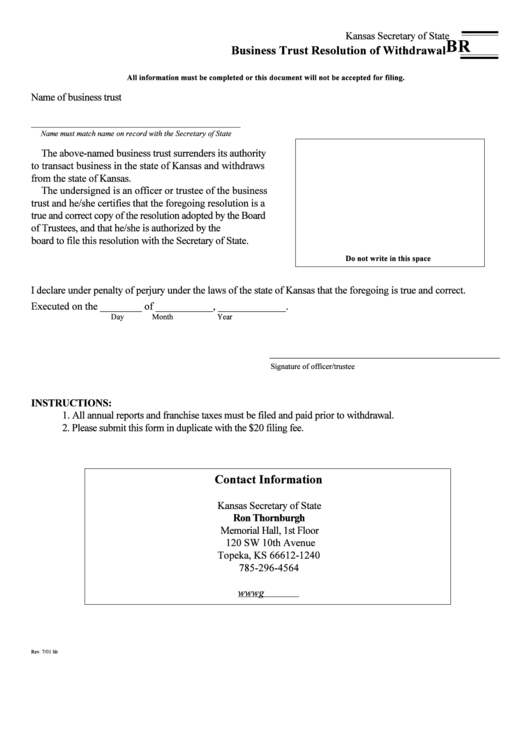 Business Trust Resolution Of Withdrawal Form - Kansas Secretary Of State Printable pdf