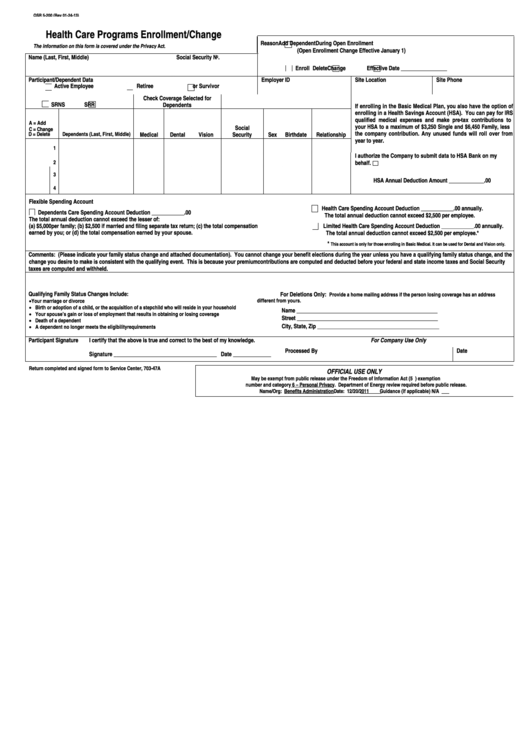 Health Care Programs Enrollment/change Form Printable pdf