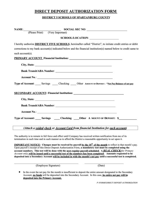 Direct Deposit Authorization Form printable pdf download