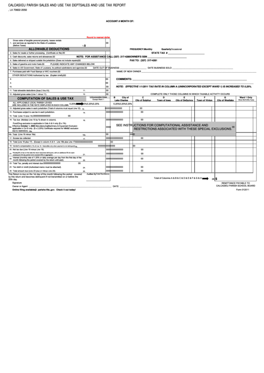 Form 012011 - Sales And Use Tax Report Printable pdf