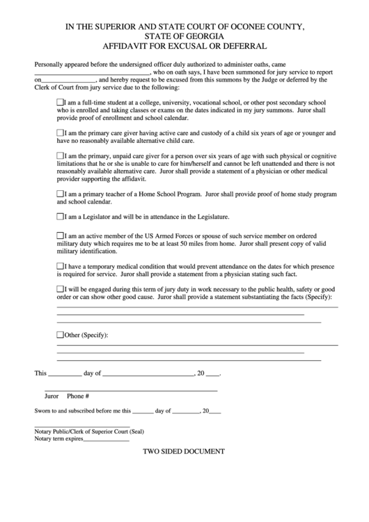 Fillable Affidavit For Excusal Or Deferral Form Printable pdf