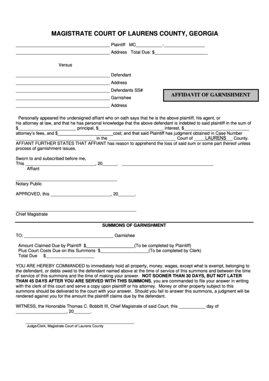Fillable Affidavit Of Garnishment Form Printable pdf