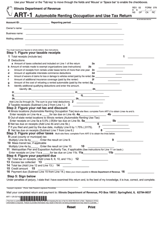 Fillable Form Art-1 - Automobile Renting Occupation And Use Tax Return Printable pdf
