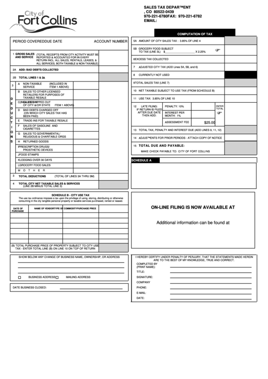 Computation Of Tax Form - Sales Tax Department - City Of Fort Collins Printable pdf