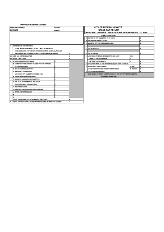 Sales Tax Return Form - City Of Federal Heights - Department Of Finance Printable pdf