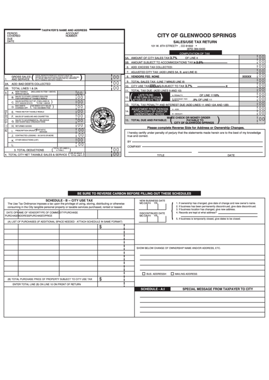 Sales/use Tax Return Form - City Of Glenwood Springs Printable pdf