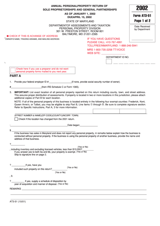 Form At3-51 - Annual Personal Property Return Of Sole Proprietorships And General Partnerships - 2002, Form 4a - Balance Sheet/etc. - 2002 Printable pdf