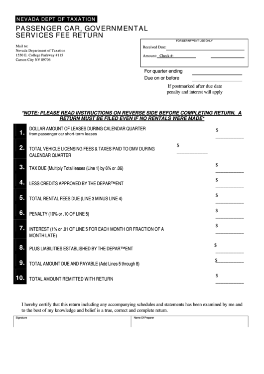 Passenger Car, Governmental Services Fee Return Form - Nevada Department Of Taxation Printable pdf