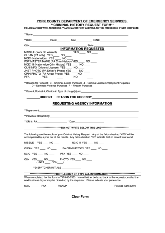 Fillable Criminal History Request Form - York County Department Of Emergency Services Printable pdf