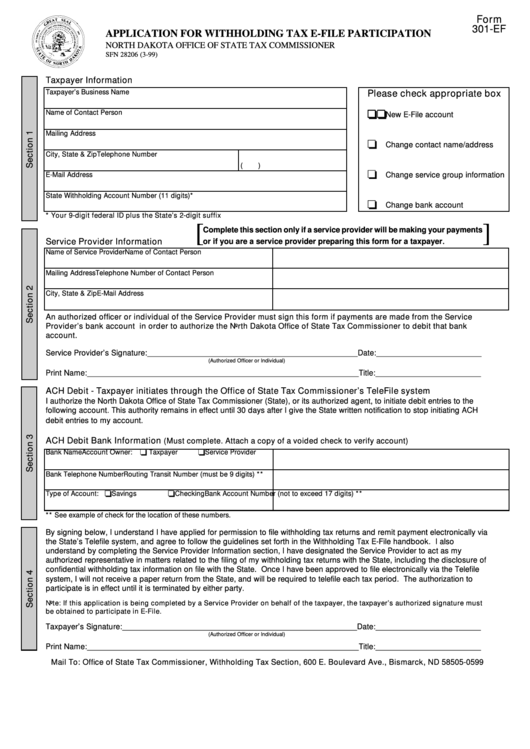 Form 301-Ef - Application For Withholding Tax E-File Participation - North Dakota Office Of State Tax Commissioner Printable pdf