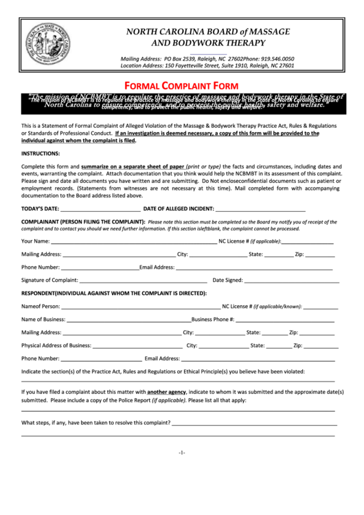 Fillable Formal Complaint Form Printable pdf