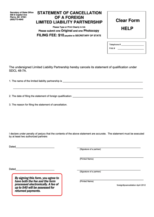 Fillable Statement Of Cancellation Of A Foreign Limited Liability Partnership Form Printable pdf