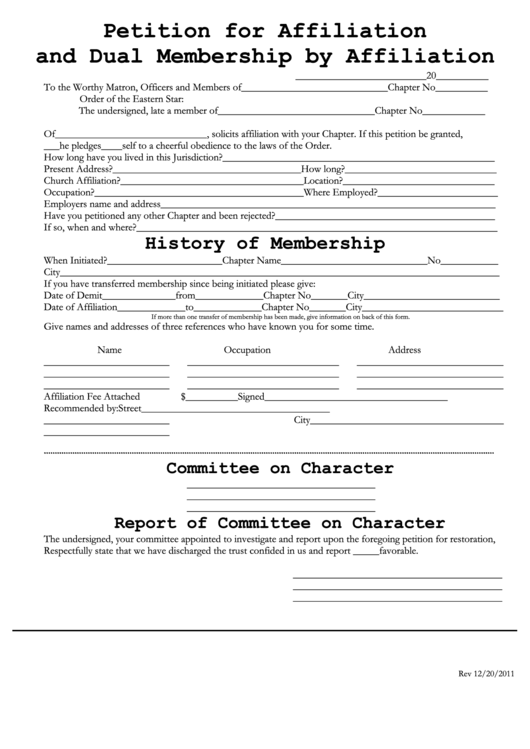 Petition For Affiliation And Dual Membership By Affiliation Form Printable pdf