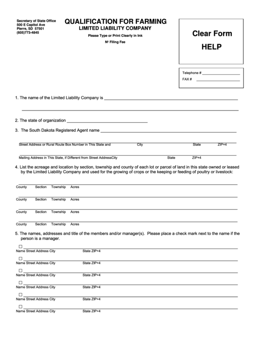 Fillable Qualification For Farming Limited Liability Company Template 2012 Printable pdf