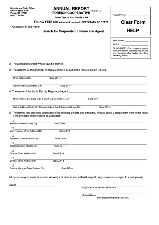 Fillable Annual Report Foreign Cooperative Form - South Dakota Secretary Of State Printable pdf