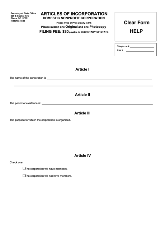Fillable Articles Of Incorporation Domestic Nonprofit Corporation Form - South Dakota Printable pdf