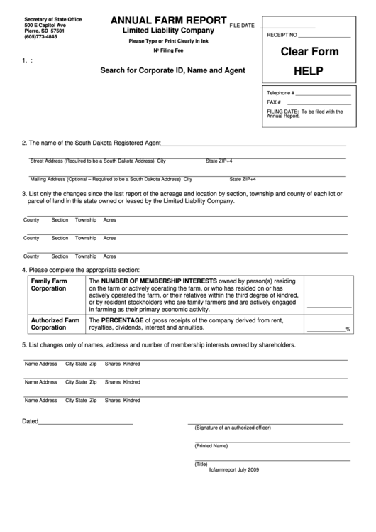 Fillable Annual Farm Report Limited Liability Company - South Dakota Secretary Of State Printable pdf