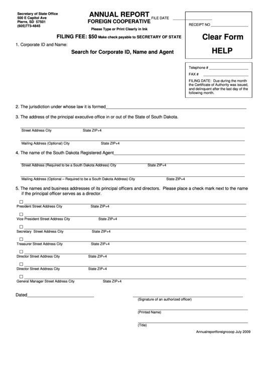 Fillable Annual Report Foreign Cooperative Form - South Dakota Secretary Of State Printable pdf