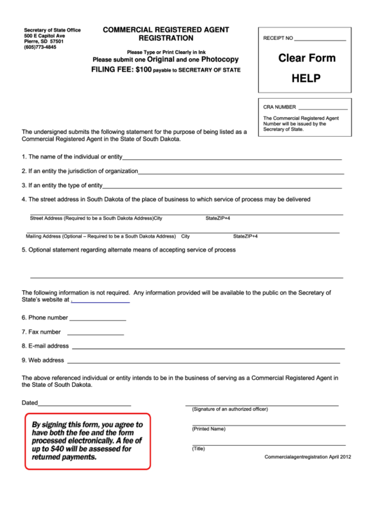 Fillable Commercial Registered Agent Registration Form - South Dakota Printable pdf
