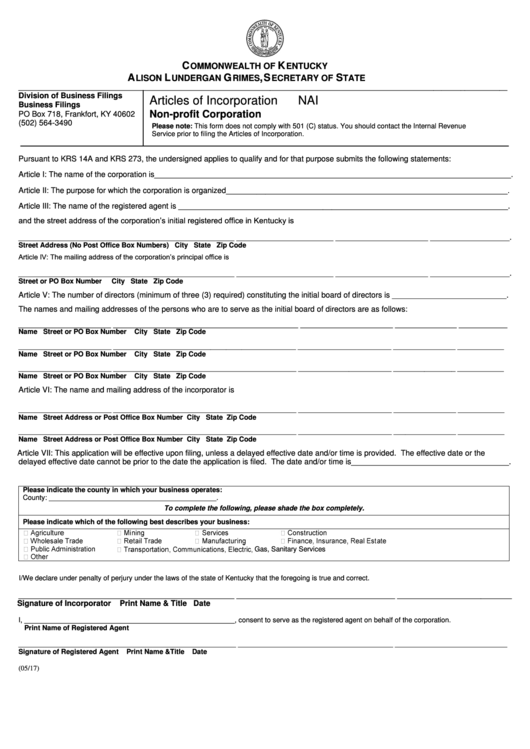 Fillable Form Nai - Articles Of Incorporation Non-Profit Corporation Printable pdf