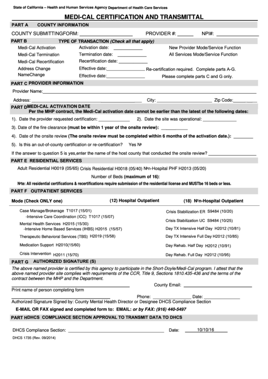 Fillable Form Dhcs 1735 Medi-Cal Certification And Transmittal Printable pdf
