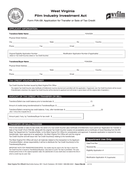 Form Fiia-09 - Application For Transfer Or Sale Of Tax Credit Form Printable pdf