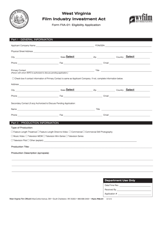 Fillable Form Fiia-01 - Eligibility Application Printable pdf