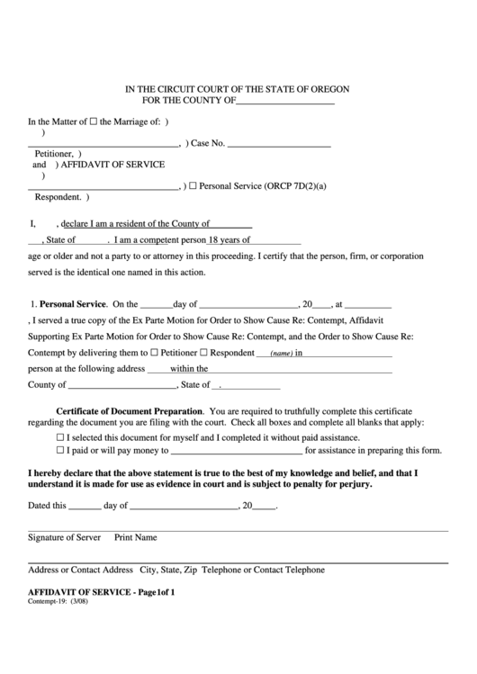 Affidavit Of Service Form Printable pdf