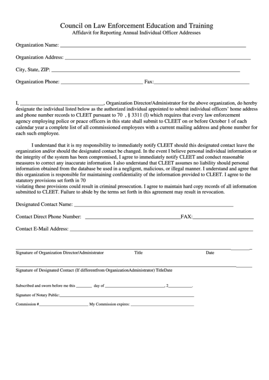 Fillable Affidavit For Reporting Annual Individual Officer Addresses Form Printable pdf