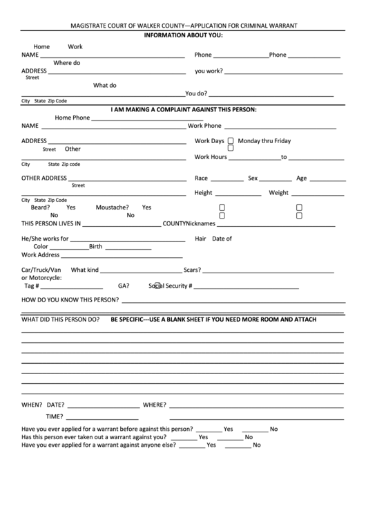 Fillable Application For Criminal Warrant Form Printable pdf
