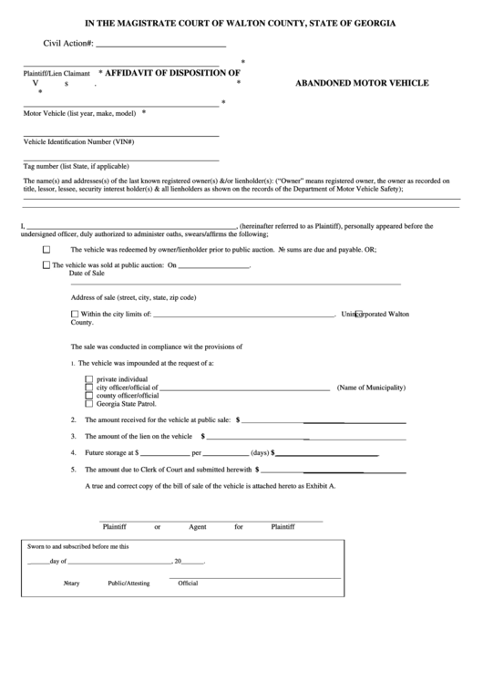 Affidavit Of Disposition Of Abandoned Motor Vehicle Form Printable pdf