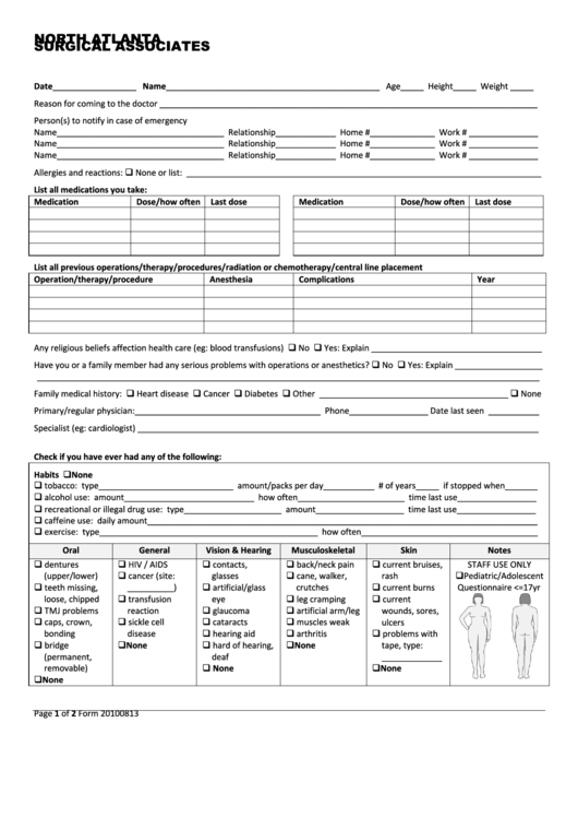 Form 20100813 - Patient Information Form Printable pdf