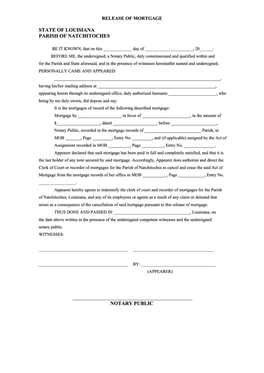 Release Of Mortgage Form Printable pdf