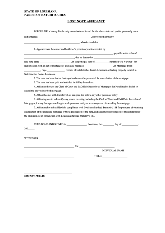 Lost Note Affidavit Form Printable pdf